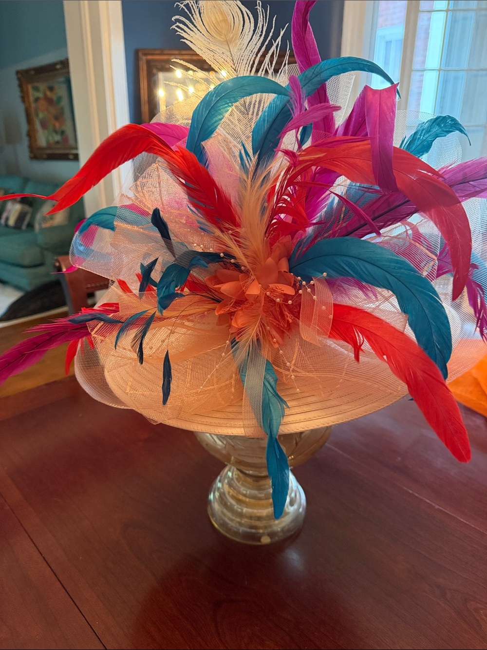 Elegant Peach Feather Hat with Multicolor Feathers